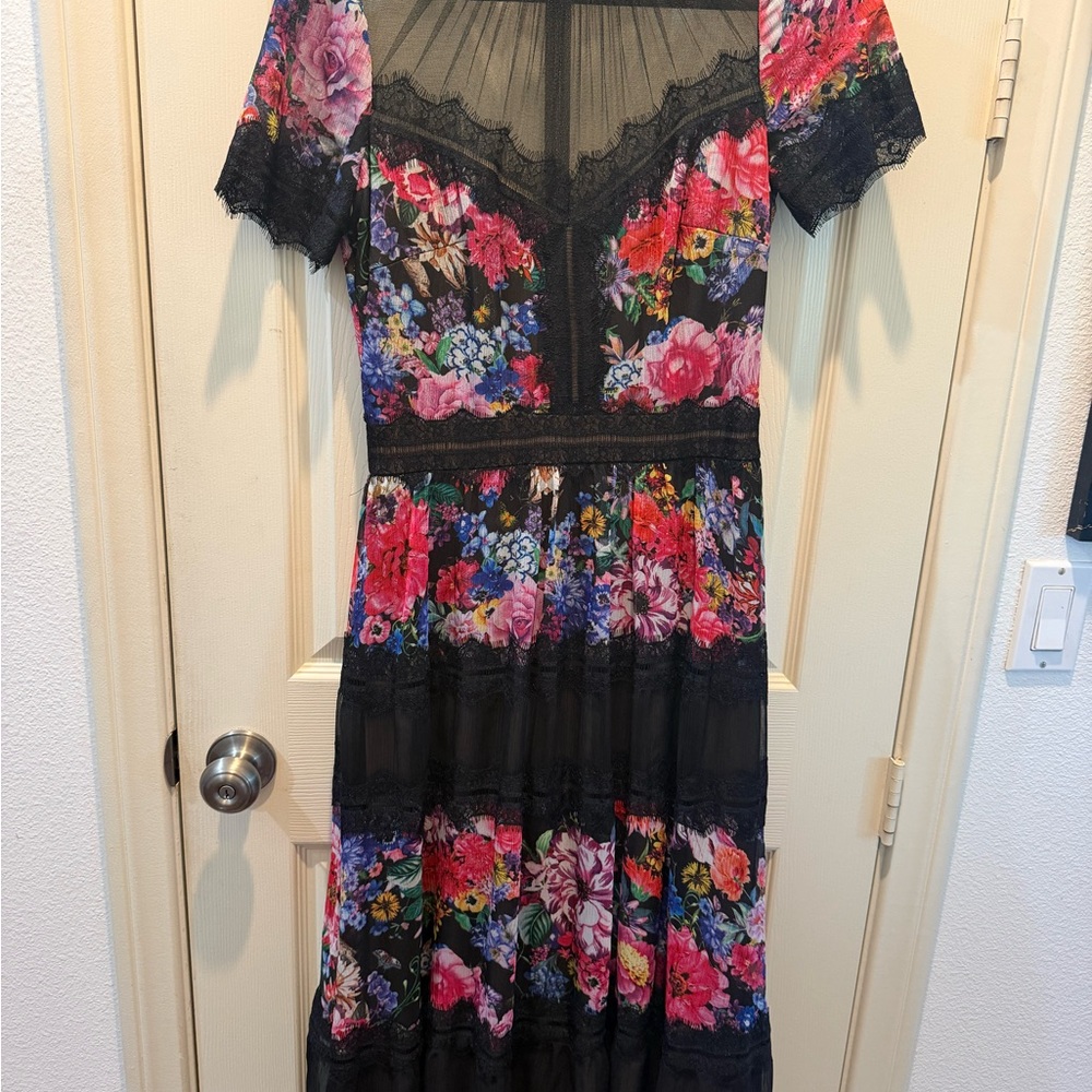 Floral Black Lace Midi Dress - Vibrant Multi Floral